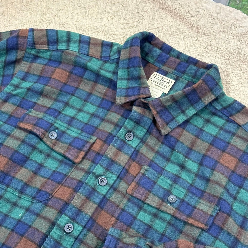 L.L.Bean Flannel Shirt Mens XXL Green Blue Plaid Cotton Traditional Fit ButtonUp